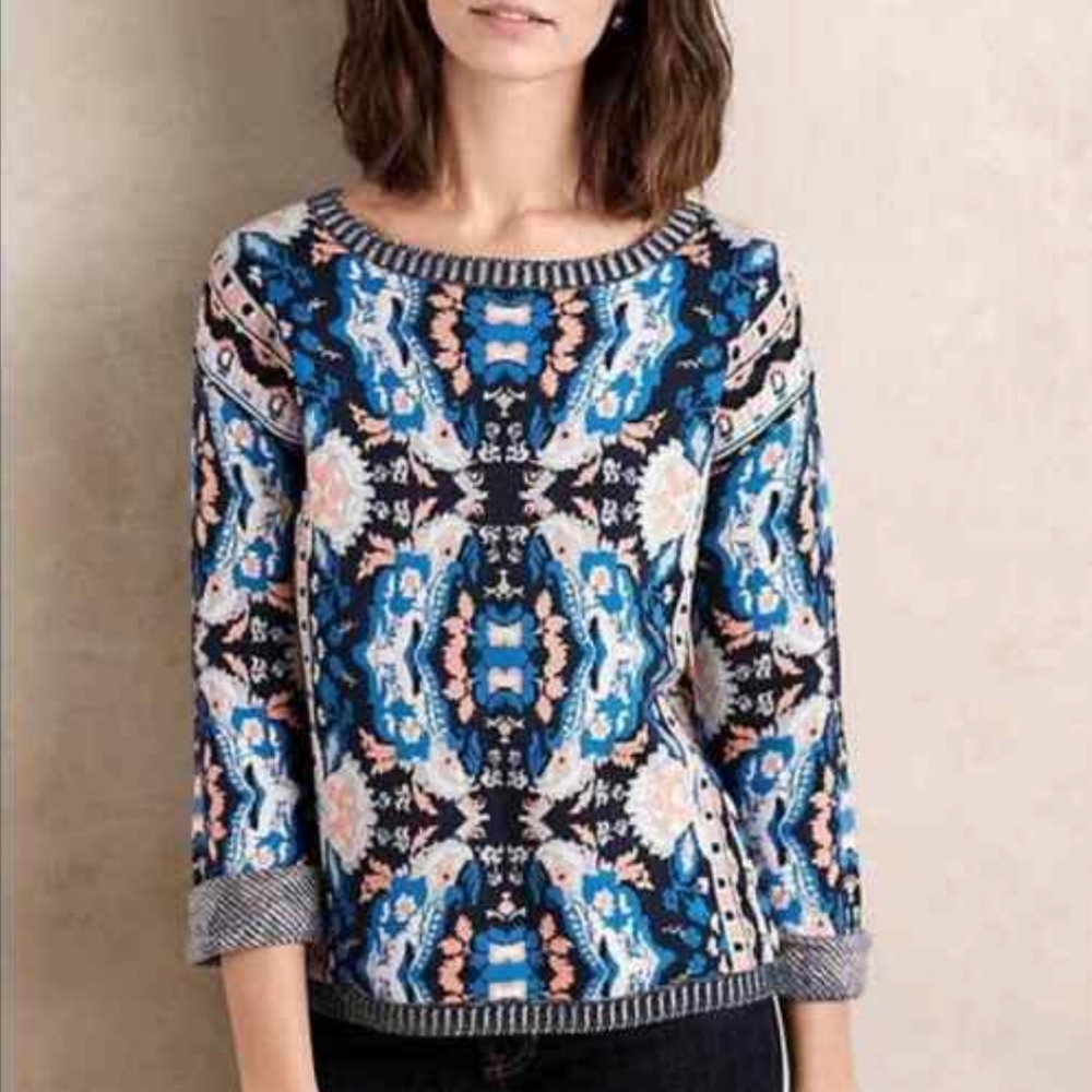 Anthro Moth Blue White Antica Parrot Sweater Small